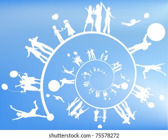 Silhouettes of people in a spiral. Vector.