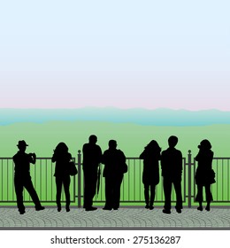 Silhouettes of people standing on the observation deck and looking at the mountains, vector