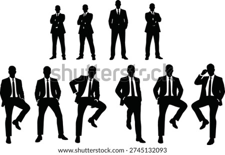 Silhouettes of people in suits, professional figures in formal attire with dynamic poses, corporate vector illustration showing individuality and business style