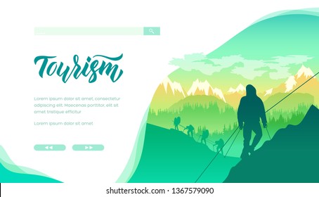 Silhouettes of people with tourist outfits climbing to mountain. Group of alpinists conquering a peak, hiking, trekking. Concept of adventure in nature, outdoor recreation, sport lifestyle. Copy space