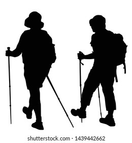 Silhouettes of people with trekking stick on white background, vector illustration