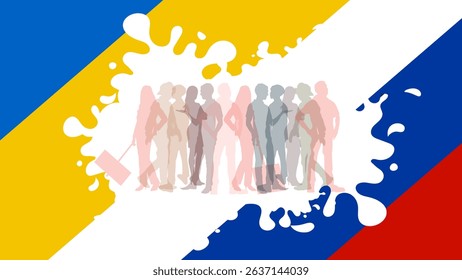 Silhouettes of people united with peace symbol over Ukraine and Russia flag colors.