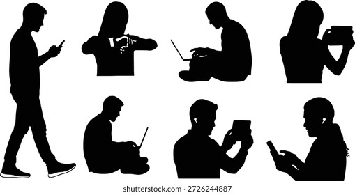 Silhouettes of people using various devices in different positions