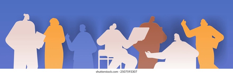 Silhouettes of people in various activities paper cut style figures on blue background gradient colors