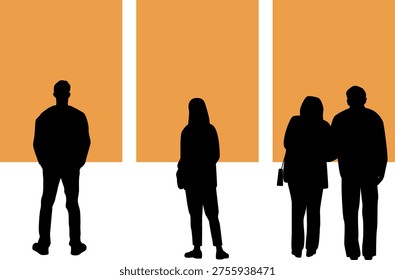 Silhouettes  of people of various ages looking paintings in an art exhibition. Isolated vector image. Transparent background