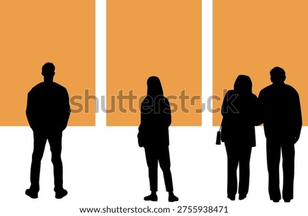 Silhouettes  of people of various ages looking paintings in an art exhibition. Isolated vector image. Transparent background