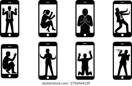 Silhouettes of people in various poses, appearing trapped or confined within smartphone screens, symbolizing digital addiction, isolation, or being overwhelmed by technology.