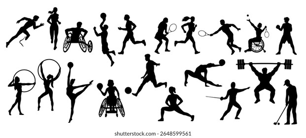 Silhuetas de pessoas em vários esportes. Conjunto de ícones com atletas masculinos e femininos envolvidos em basquete, tênis, futebol e ginástica. Coleção de ilustrações de vetor plana isolada no plano de fundo