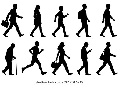 Silhouettes of people walking in different styles and carrying various items