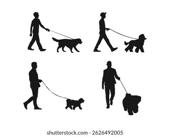 Silhuetas de pessoas de cães de passeio, perfeito para cuidar de animais ou estilo de vida Stock. Um homem andando com um cachorro na coleira. Silhueta vetorial de um cão sobre um fundo branco.