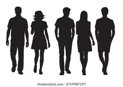Siluetas de personas caminando en una línea 