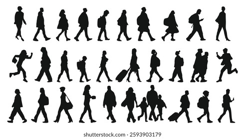 Silhouettes of people walking in a line, some carrying backpacks and handbags. Concept of movement and activity, with people of different ages and sizes walking in various directions