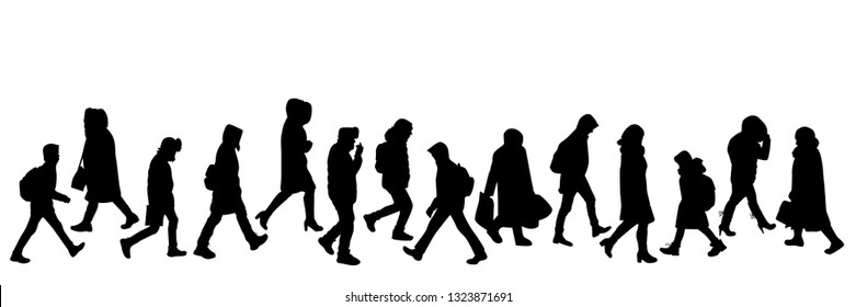Silhouettes of people walking: men, women, children, the elderly in various poses, wearing warm winter or autumn clothes.