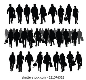 Silhouettes of people walking on street, crowd of people, group of people, people motion, urban sidewalk, busy city street, vector illustration