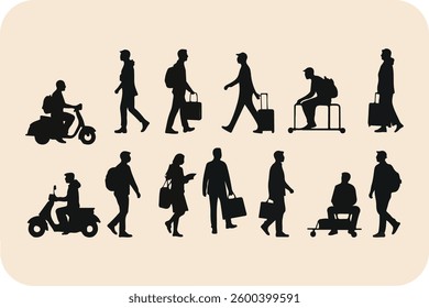 Silhouettes of People Walking, Riding Scooters, and Carrying Luggage in Urban Scenes