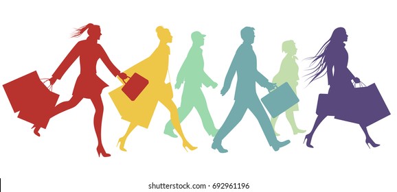 Silhouettes of people walking in the street. Vector Illustration