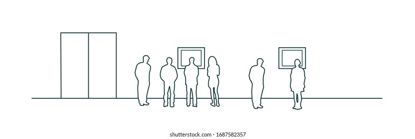 Silhouettes of people watching and visiting an exposition, exhibition. Sketch line vector illustration.