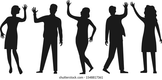 Silhouettes of people waving hand isolated on white. People wave their hands and greet each other. Vector, cartoon illustration of waving people. Vector.