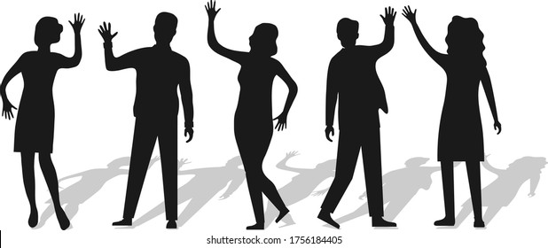 Siluetas de personas saludando con la mano aisladas en blanco con la sombra. La gente se mueve las manos y se saluda. Vector, caricatura ilustrativa de la gente ondeando. Vector.