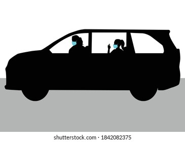 Silhouettes of people wearing medical masks in the car.	