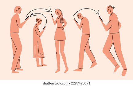 Silhouettes of people who walk while looking at phone and not seeing each other. Group of people are texting. Men and women holding mobile phone in hands. Problems with real life communication