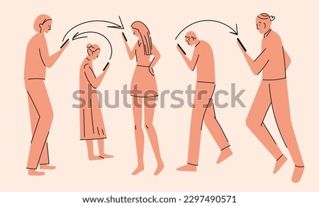 Silhouettes of people who walk while looking at phone and not seeing each other. Group of people are texting. Men and women holding mobile phone in hands. Problems with real life communication