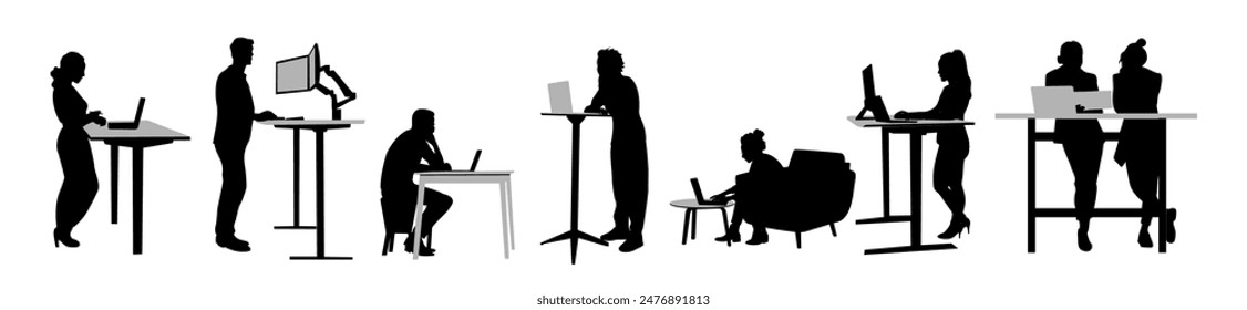 Silhouettes people working at contemporary workspace. Business Man, woman at modern area with ergonomic furniture, computers. Modern coworking open space. Vector illustration. Hand made not AI generat