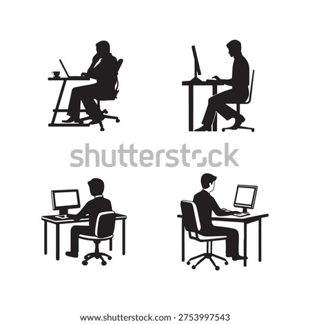 Silhouettes of People Working at Desks with Computers