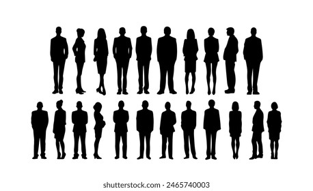 Silhouettes of people working group set vector illustration black and white. Person businessman and woman adult. Team work community isolated shape horizontal collection profile