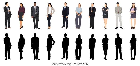 Silhouettes of people working group set vector illustration black and white. Person businessman and woman adult. Team work community isolated.