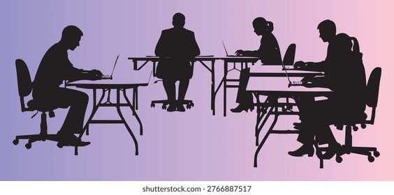 Silhouettes of people working on laptops at tables in a modern office environment setting