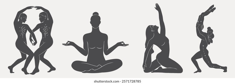 Silhouettes of people in yoga poses. Yoga, meditation, and dance are depicted. The figures emphasize balance, flexibility, and mindfulness in various postures. Spirituality vector set.