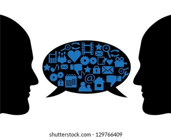 silhouettes of people's faces in profile and bubble dialogue with different symbols