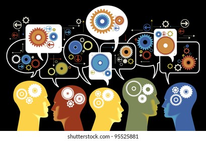  silhouettes of people's heads with gears and speech bubbles. Teamwork of people in the business  world