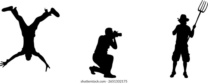 Silhouettes of a person jumping, a photographer, and a farmer are shown.