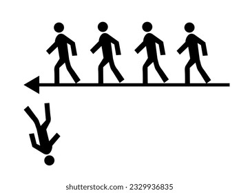 Silhouettes of persons walking in the same direction and one person who has fallen