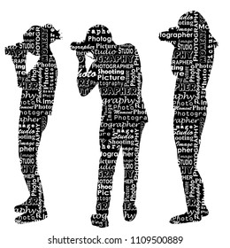 Silhouettes of photographers with messages words on the topic of photography