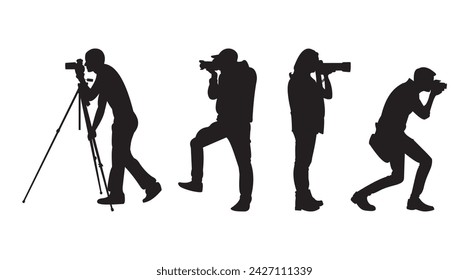 Silhouetten Fotografen. Aufnahmeposition. Schwarzer isolierter weißer Hintergrund