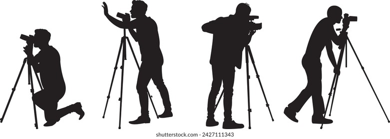 Silhouetten Fotografen. Aufnahmeposition. Schwarzer isolierter weißer Hintergrund