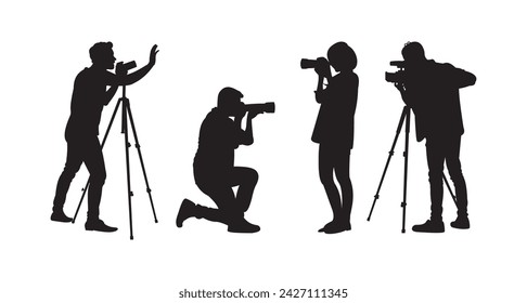 silhouettes photographers. shooting position. black isolated white background