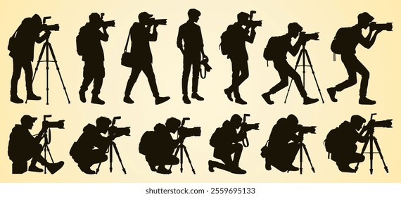 Silhouettes of photographers in various poses with cameras and tripods capturing moments.