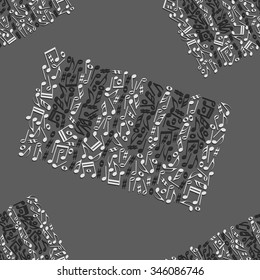 Silhouettes of piano keyboard is made of notes. Seamless pattern