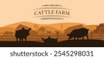 Silhouettes of pigs graze peacefully on an organic cattle farm. The sun sets behind rolling hills, creating a serene rural atmosphere filled with farm structures.