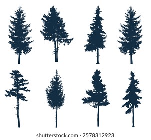 Silhouettes of pine trees in different shapes, symbolizing the beauty of evergreen nature. Ideal for forest, nature, and adventure-themed designs