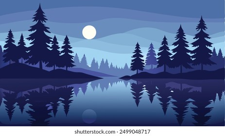 Silhouettes of pine trees reflected in a tranquil lake at twilight