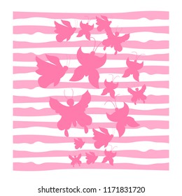 Silhouettes of pink butterflies. Chaotic on a white background