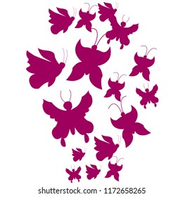 Silhouettes of pink butterflies. Chaotic on a white background
