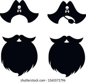 Silhouettes of a pirate beard and hats.Black isolated image on a white background.