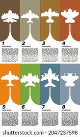 Silhouettes of planes on vertical stripes. Design a presentation template. Vector illustration.