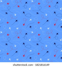 Silhouettes of planes. Passenger airliner. Jet airplane. Isolated vector. Aircrafts in the sky. Vector illustration. Seamless pattern